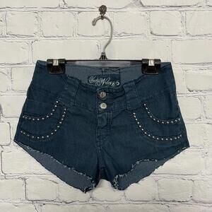 Vintage Y2K bedazzled front low rise blue denim shorts pocketless back size 5